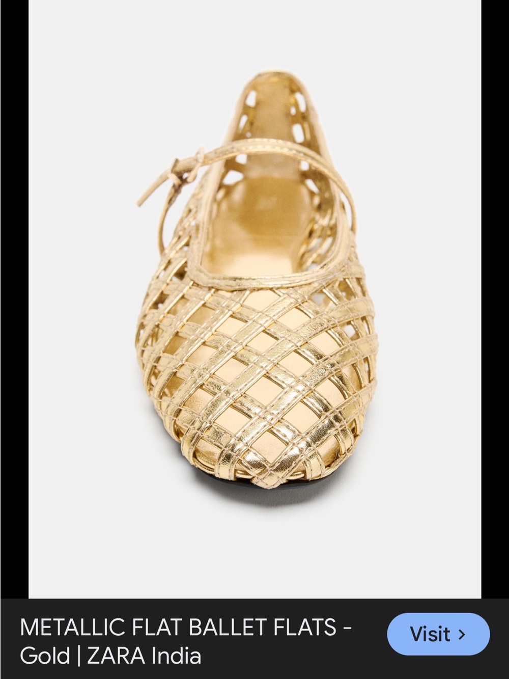 ZARA Metallic Gold Woven Ballet Flat with Ankle Strap